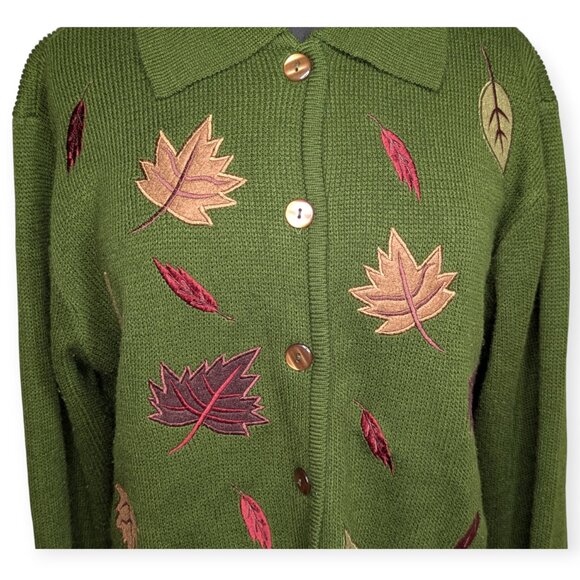 Croft & Barrow Leaf Patterned Green Knit Button Front Cardigan Women's Size XL - Picture 3 of 14